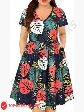 V Neck Short Sleeve Summer Dress Boho Floral Striped Casual Plus Size with